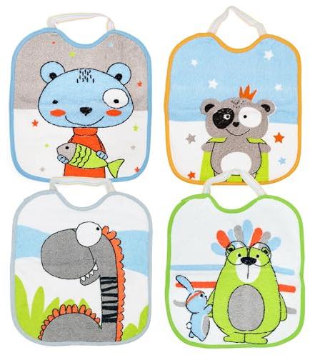 Ti TIN Confezione Da 4 Bavaglini Impermeabili 73% Cotone - 27% Poliestere Federa Vinile | Confezione Da 4 Bavaglini con Chiusura con Elastico a Per Bambini Da 6 a 18 Mesi, 23x28 cm