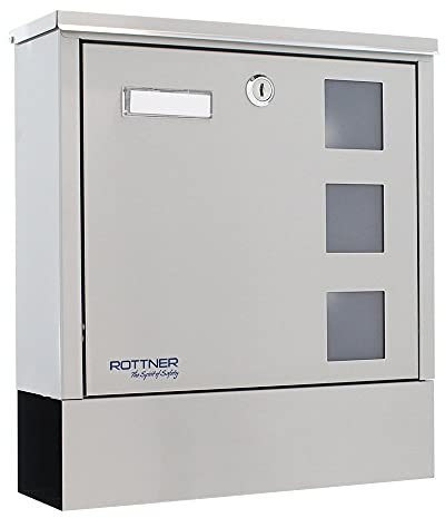 Rottner cassetta delle lettere Lago Inox, serratura a cilindro con 2 chiavi, acciaio inox, supporto per giornale, finestrelle di ispezione, targhetta portanome