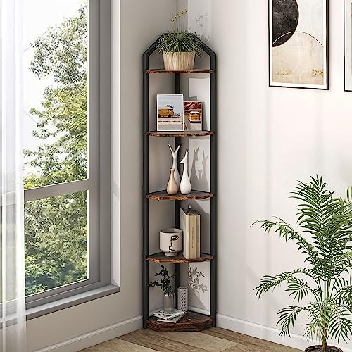 Fun Memories 5 Tier Corner Shelf, Brown 70” Corner Shelf Stand, 30 x 30 x 175 cm, Corner Bookshelf Plant Stand, Storage Shelf for Bathroom, Living Room, Kitchen,Home Office, Rustic Brown
