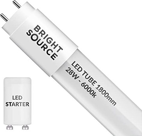 Bright Source 6ft (1763mm) 28w LED T8 Tube, 2800lm, 6000K Daylight White, Replacement for 70w T8 Fluorescent, Starter Included - Direct Mains or for use with Switch Start Fitting with Magnetic Ballast