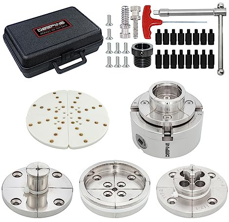 DEEFIINE 4 Inch Wood Lathe Chuck Set 1-1/4''X8tpi Thread and 1 X8tpi Adapter, Nickel Plated Self Centering 4 Jaw Wood Turning Chuck Set(5 Jaws)