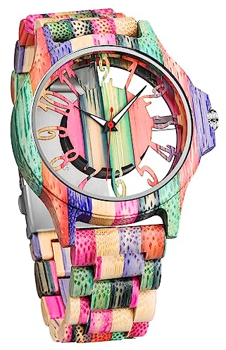 Tiong Reloj de madera para hombre hecho a mano colorido reloj de madera de bambú analógico reloj de pulsera de cuarzo, Wq1238-colorido, Retro