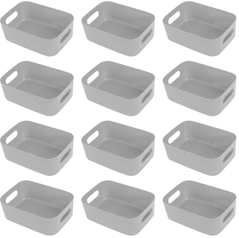Hwtcjx 12 PCS Grey Plastic Storage Baskets with Handle, Rectangular Kitchen Organiser, Small Baskets for Storage, Storage Boxes for Kitchen, Fridge, Cupboard, Office, School, Home (15.5x11x5.5cm)