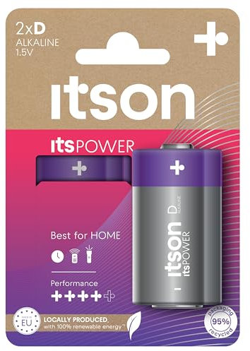ITSON, Batterien D, 2 Stück, 1.5V, Alkaline Batterien, für Uhren, Taschenlampen, Fernbedienungen, umweltfreundliche Verpackung 95% recycelt