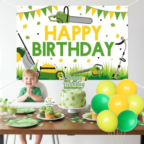 46Pcs Lawnmower Birthday Party Decoration - Mower Background Happy Birthday Banner Green Tractor Cupcake Toppers for Boys Farm Themed Tractor Time Party Supplies