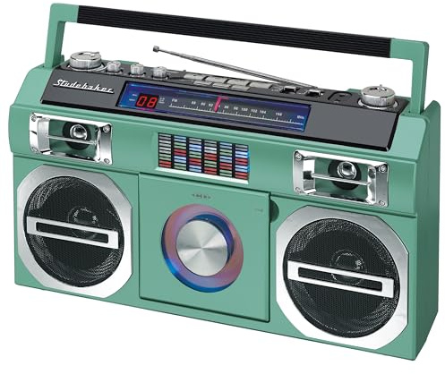 Studebaker SB2145TE 80's Retro Street Bluetooth Boombox with FM Radio, CD Player, LED EQ, 10 Watts RMS Power and AC/DC in Teal