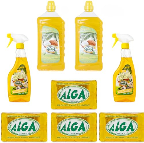 ALGA BIO - KIT SAPONE ECOLOGICO 400 GR (4PZ), SAPONE CONCENTRATO IN GEL 1250 ML (2PZ), SGRASSATORE UNIVERSALE 500 ML (2PZ) Box risparmio pulizia casa, sapone ecologico, per bucato a mano e lavatrice