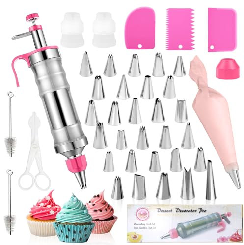 Garnierspritze Edelstahl Spritztüllen Set Tortenspritze Garnierspritze Kuchen Dekorieren Set 42 teilig Profi Edelstahl für Kuchen Cupcakes Cookies Gebäck Decoration (Rosa)