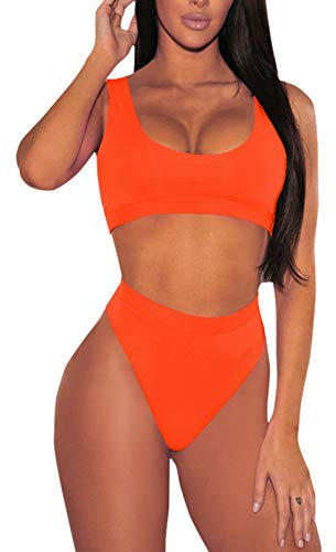 Viottiset Damen Crop Top Bikini Set High Waist 2-teilig High Cut Bademode Strand Push Up Sommer Orange XL