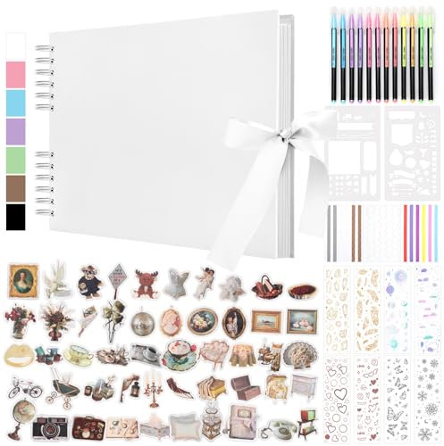 DazSpirit 80 Leere Seiten Fotoalbum zum Selbstgestalten, DIY Scrapbook Fotobuch zum Einkleben, mit 12 Marker & 7-Aufkleber, Gästebuch Ideal für Geburtstag Familie, Hochzeiten, Reisen, Weiß