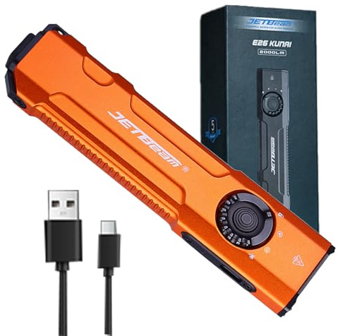JETBeam E26 Rechargeable EDC Flat Flashlight 4 Constant Brightness Modes+Strobe+1300mW UV+Green Beam Combo,2000 Lumens Portable Pocket Lights,IPX-8,Triple Sources for Outdoors,Emergency,Working