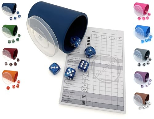 DiceCupFlex - Gobelet à dés flexible avec couvercle, 5 dés et bloc de dés, bloc de jeu - Fabriqué en Allemagne (bleu foncé)