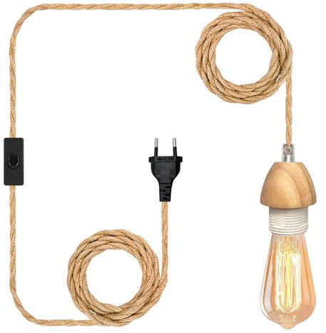 Lampada a sospensione in corda di canapa,kit Lampada Corda di Canapa 5,1m,con Spina E Interruttore,porta lampada e27 con cavo,Retro Lampadario Lampada a Sospensione in Legno