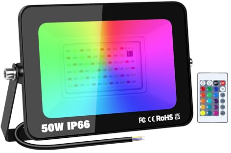 PICAA 50W RGB LED Floodlight, Dimmable 16 Colours Changing Flood Lights | IP66, Outdoor Work Lamp, Wall Light, for Christmas Decorations Garden Party Stage