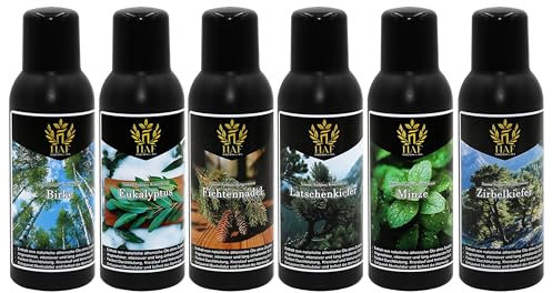 HAF Saunaaufguss Set „Waldfrische“ - 6 x 250ml Sauna Aufgussmittel Birke, Eukalyptus, Fichtennadel, Latschenkiefer, Minze, Zirbe - Saunaduft mit natürlichen ätherischen Ölen & ohne Zusätze