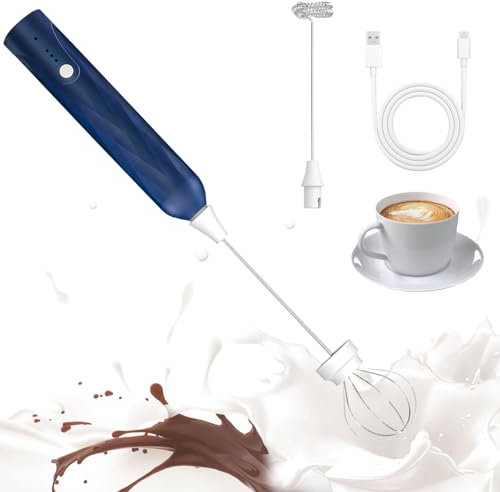 Asta Montalatte, Montalatte Elettrico con 2 Teste, Frusta con USB Ricaricabile, 3 Velocità, Manuale per Sbattere le Uova, Caffè, Frusta Elettrica per Latte (Blu)