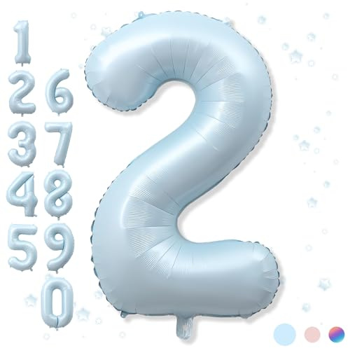 40 Inch 2 Balloon Number, Large Pastel Baby Matte Blue Foil Number 2 Balloons Birthday Party Decor, Light Blue Mylar Self Inflating Two Balloon for Boys 2nd Birthday Baby Shower Anniversary Decoration