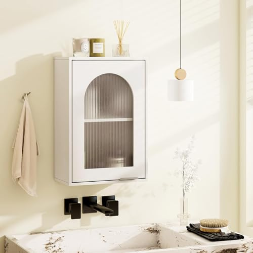 COSTWAY Hängeschrank Bad, Badezimmerschrank mit Glastür & verstellbarem Einlegeboden, Wandschrank Holz, Badschrank hängend, Schrank für Badezimmer, Küche, 35 x 20 x 52,5cm, weiß