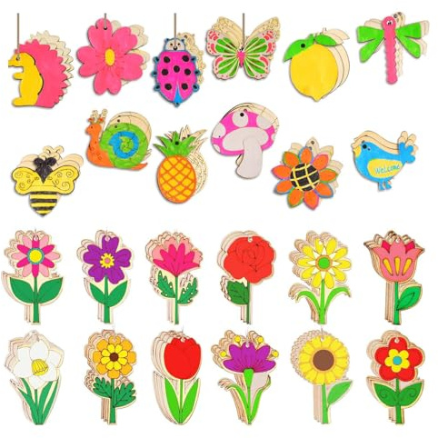 Kisstta Trähängen för målning, 24 stycken träfigurer att måla, trädjur och träblommor pysselset för barn, gör-det-själv målning hantverk dekoration, fjärilar, fåglar, bees, snails, dragonflies