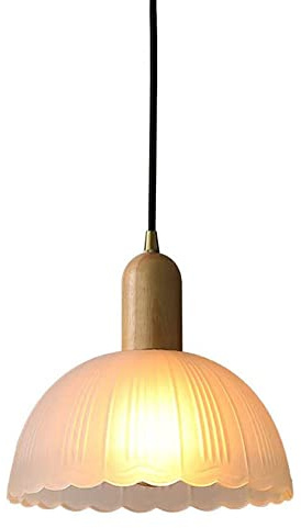 Japanese Minimalist Pendant Light - Frosted Ribbed Glass Shade Scalloped Edge Hanging Lamp for Kitchen Island Dining Room Bedroom Cafe & Living Room Decor