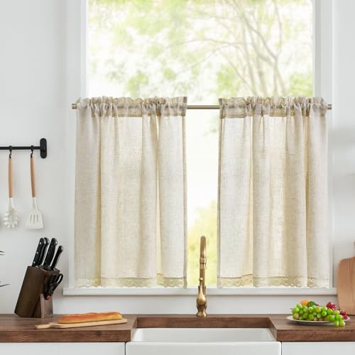 TOPICK Crude Linen Look Lace Kitchen Curtains, Light Filtering, W26 xL24 | Cafe Curtains for Small Windows, Basement, Laundry Room, Sink, Half Window, Solid Pattern, Rustic Style, Rod Pocket, 2 Panels