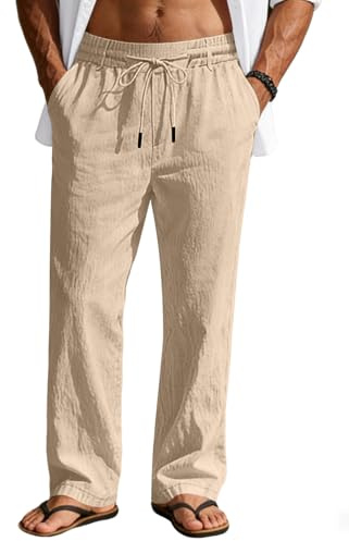 LINENNMAIN Men's Casual Linen Pants Elastic Waist Drawstring Summer Lightweight Beach Loose Fit Trouser with Pockets Khaki