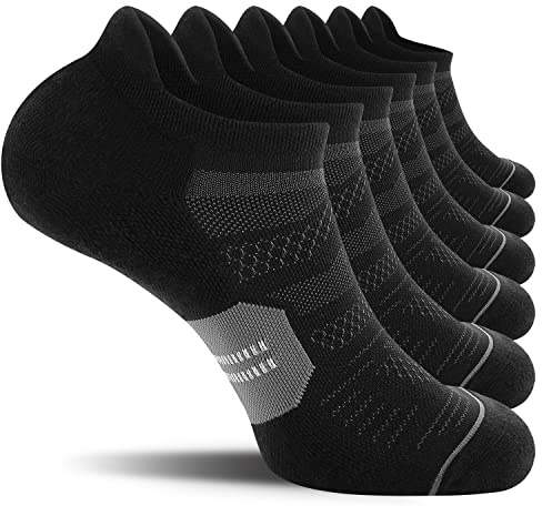 CS CELERSPORT Running Ankle Socks with Cushion, Low Cut Athletic Tab Socks for Men and Women 6 Pack, Black + Grey, Large