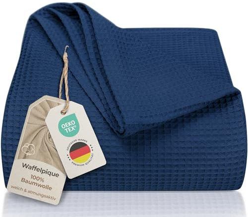 LAYNENBURG Premium Tagesdecke 150 x 200 cm - Waffelpique 100% Baumwolle - leichte Sommerdecke Waffeloptik - Baumwolldecke als Bett-Überwurf, Sofa-Überwurf, Couch-Überwurf - Sofa-Decke (blau)
