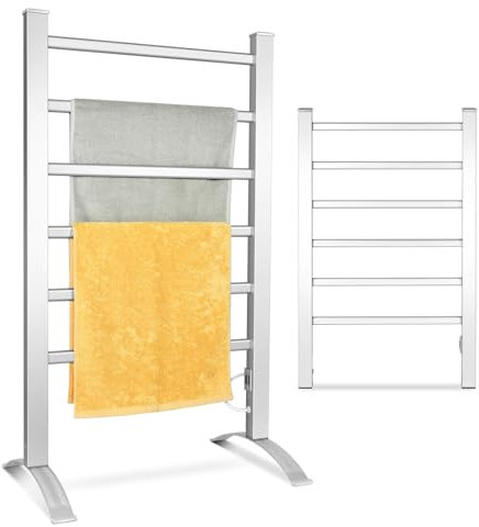 COSTWAY Radiateur Sèche-Serviettes Électrique 45-50°C, 2-en-1 Chauffe-Serviettes Électrique 100W avec 6 Tubes et Cadre en Aluminium, Autoportant ou Mural, Peu Encombrant pour Salle de Bain, Argenté