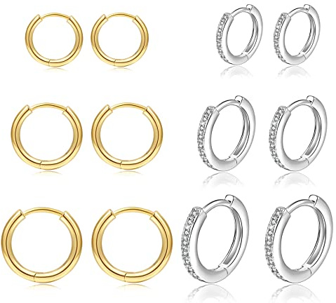 6 Pares de Pendientes de aro de 14K chapado en oro Huggie de plata esterlina Pequeño conjunto de aretes de circonio cúbico Diminuto Pendientes de cartílago para las Mujeres Hombres