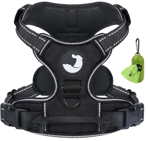 Joytale Harnais Chien, Réfléchissant Respirante Harnais Anti Traction pour Chien avec Attache Devant et Poignée Contrôle Sécurité pour Grand, Noir, L