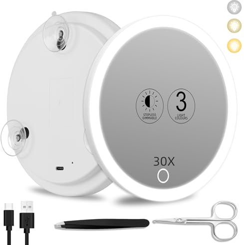 Suupvaor Specchio ingranditore 30x, grande ingrandito con aspirazione illuminata 15,2 cm, 3 modalità colore, oscuramento ad alto ingrandimento, specchio per trucco da viaggio