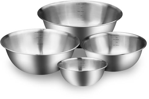 Dunkwckore Set de 4 Ensaladera, Bol Acero Inoxidable 4 Tamaños - 0.85L, 1.2L, 1.8L, 2.5L, Bowls Cocina Son Lavavajillas y Apilables, Ahorra Espacio, Cocina Esencial