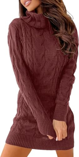 Ebifin Abito Pullover Donna Vestito Invernale Vestiti a Collo Alto Elegante Abito Linea Pullover a Manica Lunga Maglioni Lungo Elastico Autunno., Rosso Pietra, S