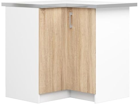 BDW - Armadio Ad Angolo da Cucina Con Ante e Piano di Lavoro - Mobile 90 cm di Larghezza, 85 cm di Altezza (Bianco/Rovere Sonoma)