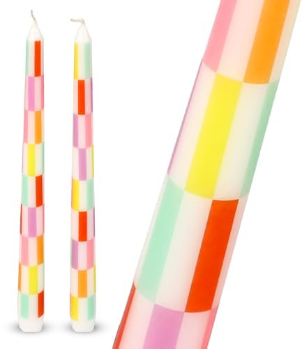 Talking Tables 2 x Colourful Checkered Tapered Tall Dinner Candles Made of Wax Stylish Table Decorations Table Centrepieces Summer Decor Eco Packaging Unscented Burn Time 5 Hours 23cm