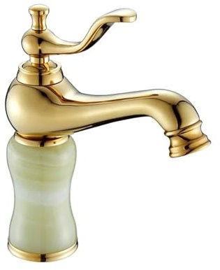 Elegant Full Copper Gold Marble Bathroom Sink Faucet with Hot and Cold Jade Taps Luxury Hand Wash Basin Faucet for Glass Washbasin Sink