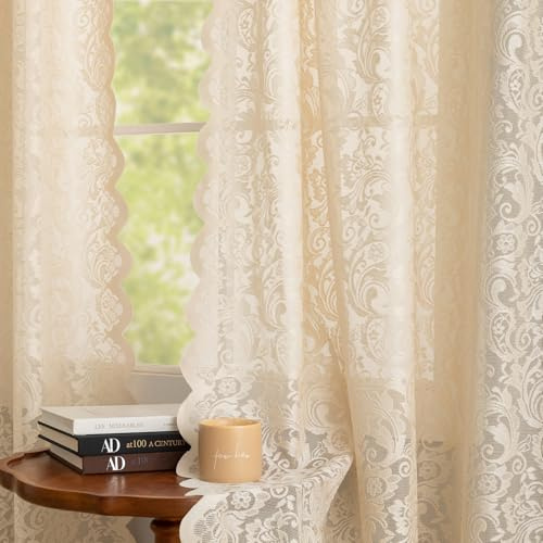 ALIGOGO Beige Sheer Curtains 84 Inches Long 2 Panels - Boho Chic Flower Lace Curtains for Living Room, Farmhouse Scalloped Edegs Natural Beige Drapes Lightweight Privacy Neutral Decor, 52W x 84L Inch