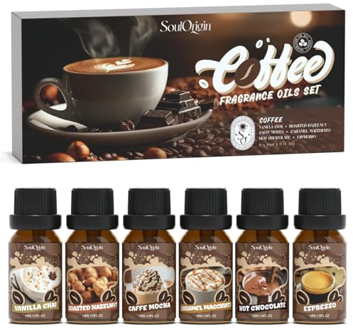 SoulOrigin Kaffee ätherische Öle Set, Duftöl Set für Öldiffusoren, Duftöle für Seifenkerzen Herstellung 6x10ml - Vanilla Chai, Espresso, Caffe Mocha, heiße Schokolade und gebratene Haselnuss