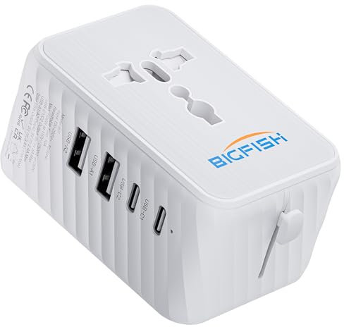 Bigfish Adaptateur Prise Universelle Voyage, Adaptateur Universel de Voyage avec 2 USB et 2 USB C, Adaptateur Voyage Prise Anglaise USA Japon Australie Thailande, avec Fusible Réarmable 10A Intégré
