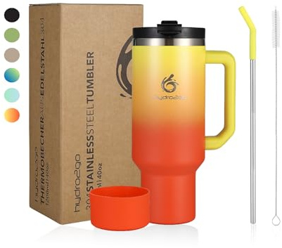hydro2go® 1200ml/40oz Thermobecher, Kaffeebecher to Go, Isolierbecher mit Griff & Strohhalm, Reise- & Autobecher, Tumbler für Heiß- & Kaltgetränke (Sunset, 1200 ml)