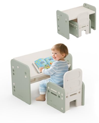 hoopyosms Table et Chaise pour Enfants, Table d’Activités avec Plateau Incliné pour Dessiner, Lire, Écrire et Jouer(Vert)
