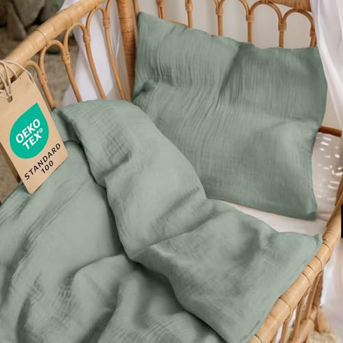 Dreamzie 80x80 Baby Sängkläder Set i 100% Bomull - Bomull Gaze Påslakan 80x80 cm + Örngott 35x40 cm, OEKO-TEX Certifierad - Blå Grå Färg
