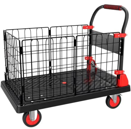 Plattformsvagn med avtagbart ståltrådsstaket, tysta TPR-hjul, 200 kg lastkapacitet för shopping och transport
