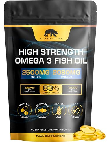 Bearactive Omega 3 Capsules High Strength Fish Oil 2500mg – 2080mg – 83% Omega-3 (1380 EPA & 520 DHA) – Burpless Pescatarian Softgels for Heart, Brain, Eyes & Joints – 60 Softgels