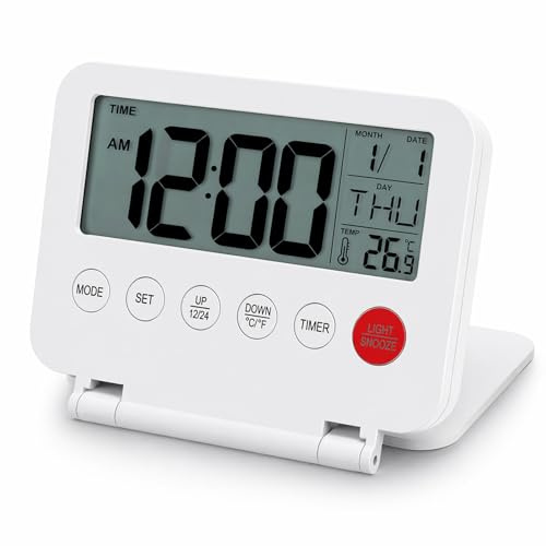 VOSSOT Sveglia da viaggio, piccola digitale, pieghevole, con batteria – Mini sveglia digitale da viaggio, design compatto, portatile, con indicazione della temperatura, per viaggi, ufficio, camera da