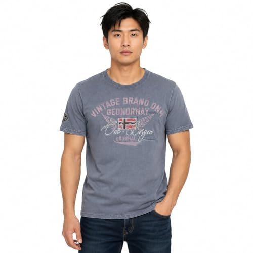 Geographical Norway Jross Men Camiseta Hombre Manga Corta Algodón Cuello Redondo Estampado Frontal Bandera Detalle Badge Manga Estilo Casual Ligero Cómodo Verano Ropa Hombre Moderna