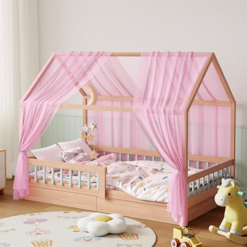 Kmhesvi Ciel de lit cabane 2 pièces - Voilage en Forme de Tente 150x350 cm, Décoration Chambre Enfant Fille ou garçon (Rose)