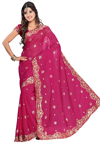 Indian Trendy Women's Bollywood Sequin Embroidered Sari Festival Saree Unstitched Blouse Piece Costume Boho Party Wear (Deep Pink)