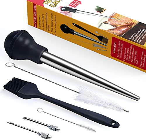 MEWMET Pavo Baster, Baster de acero inoxidable para cocinar con inyectores de adobo, jeringa, cepillo de limpieza grueso y cepillo de limpieza fino